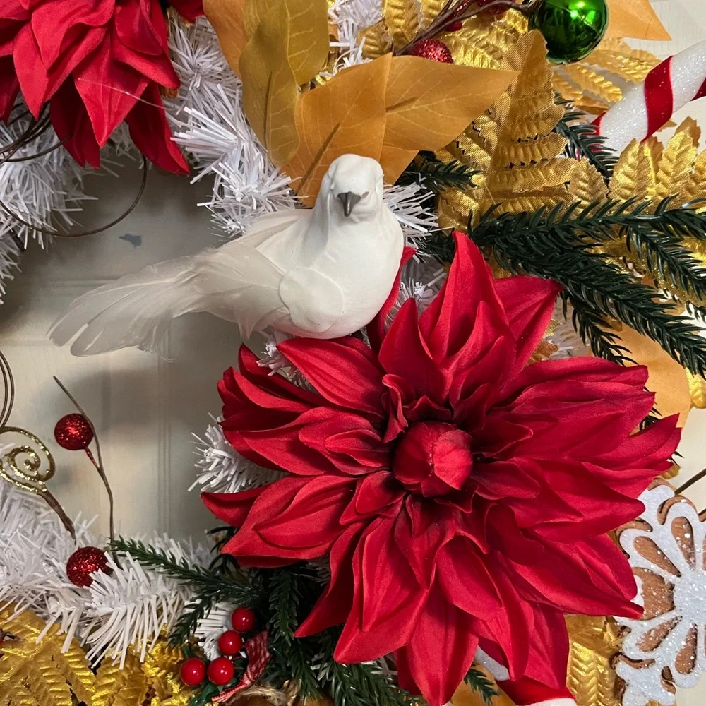 Elegant Red and Gold Holiday Wreath with White Dove
